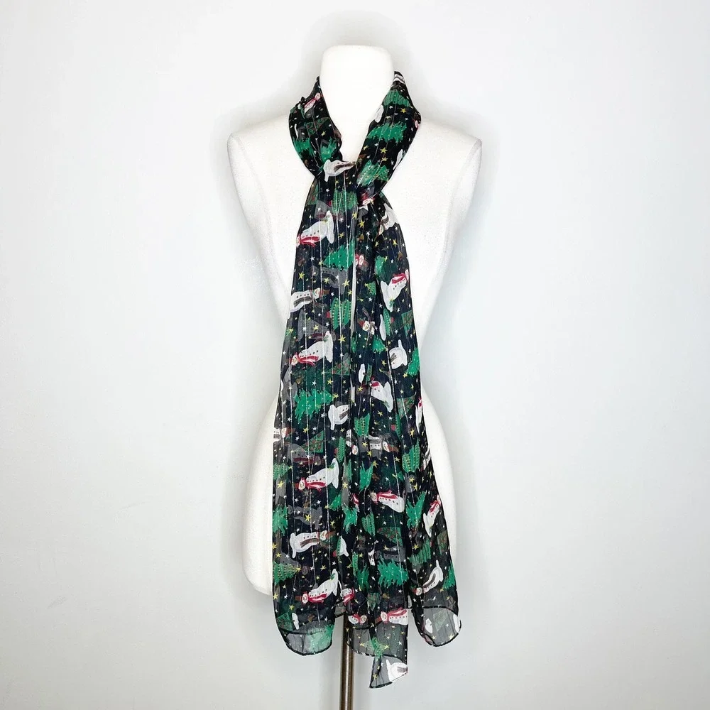 NEW Cejon Holiday Scarf Christmas Tree Snowman Black Sheer Metallic Chiffon